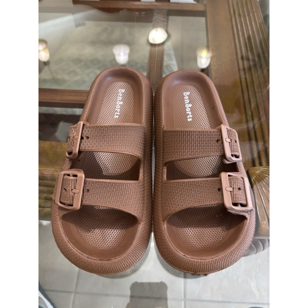 BenSorts Womens Brown Double Buckle Slide Sandals Flat US 8.5-9 EU 39-40 - Picture 2 of 13